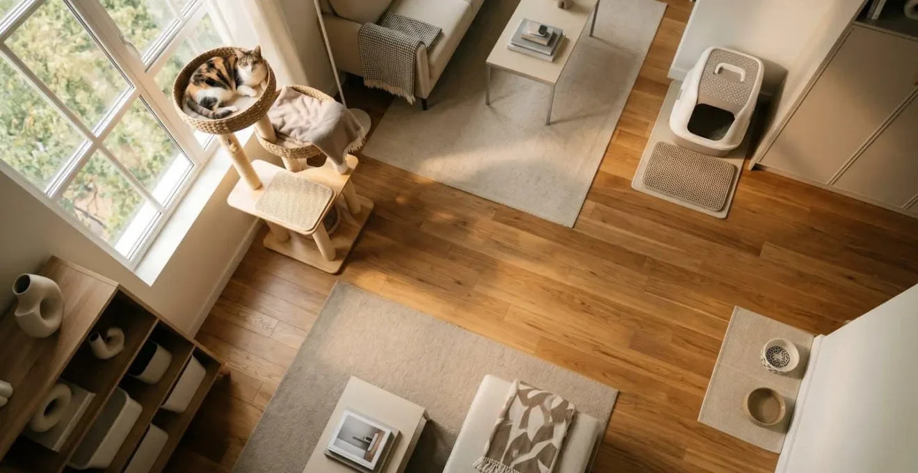 Vue en plongée d'un appartement moderne montrant trois zones distinctes pour un chat avec espace de repos en hauteur, zone d'alimentation et zone litière bien séparées