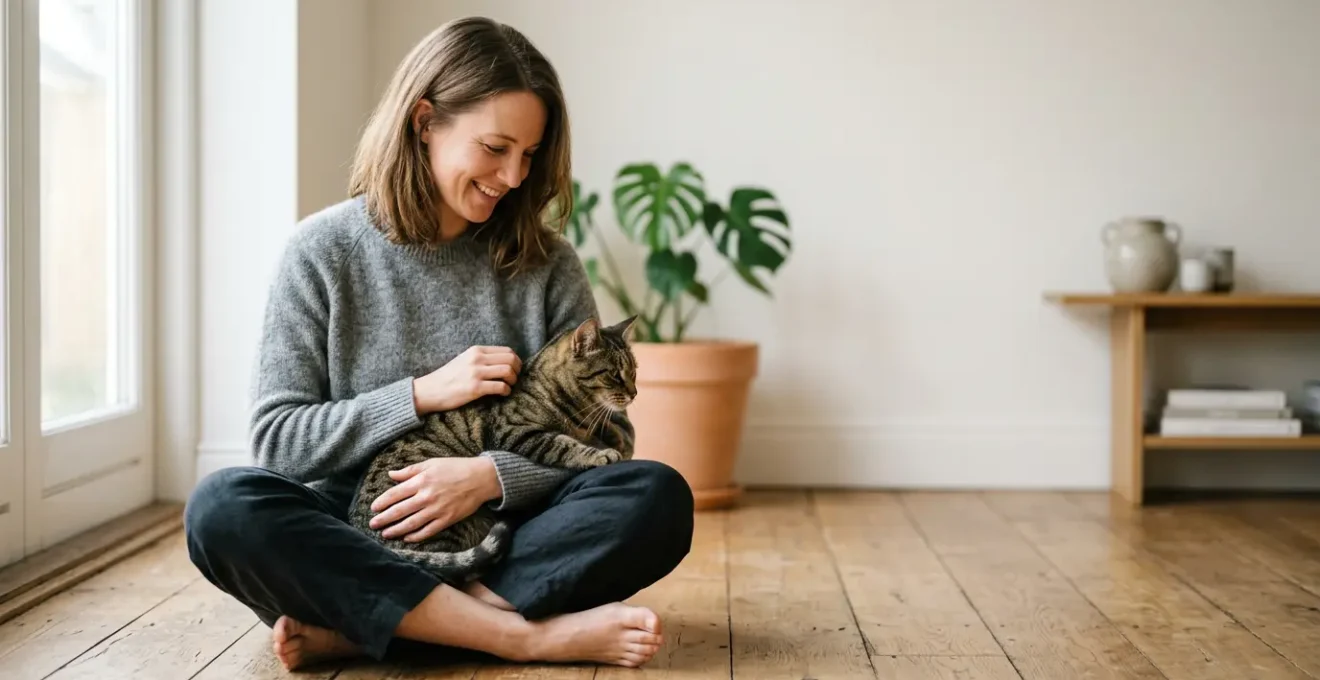 Propriétaire serein avec son chat en bonne santé, symbolisant la tranquillité d'esprit financière