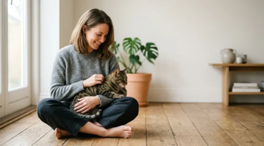 Propriétaire serein avec son chat en bonne santé, symbolisant la tranquillité d'esprit financière
