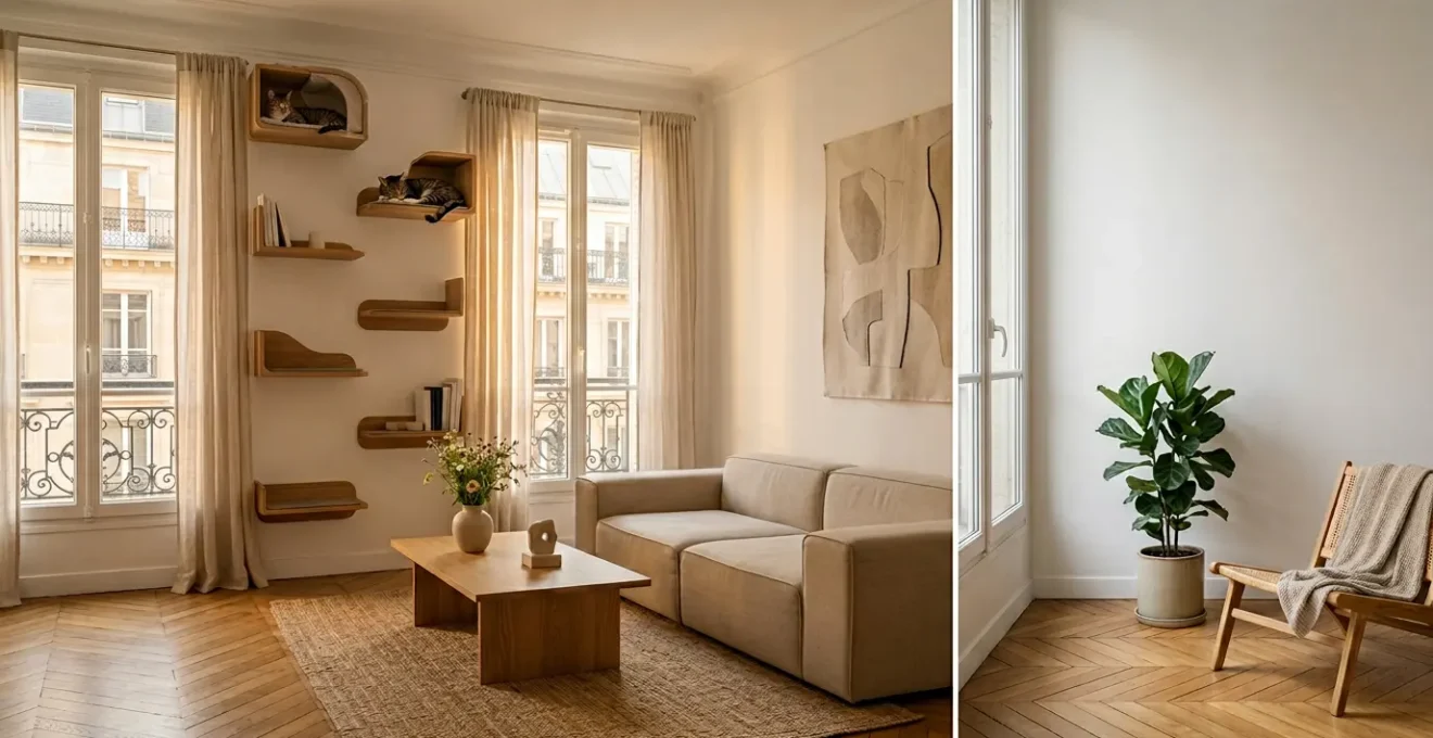 Espace de vie moderne en appartement parisien aménagé pour l'accueil d'un chat