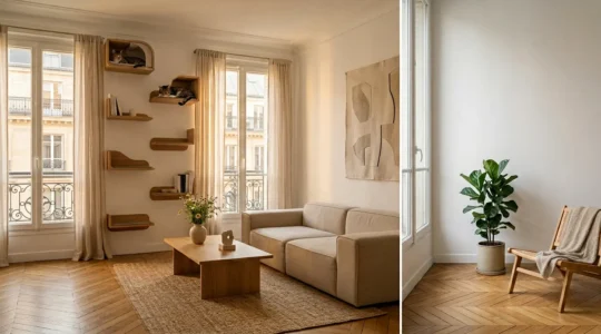 Espace de vie moderne en appartement parisien aménagé pour l'accueil d'un chat