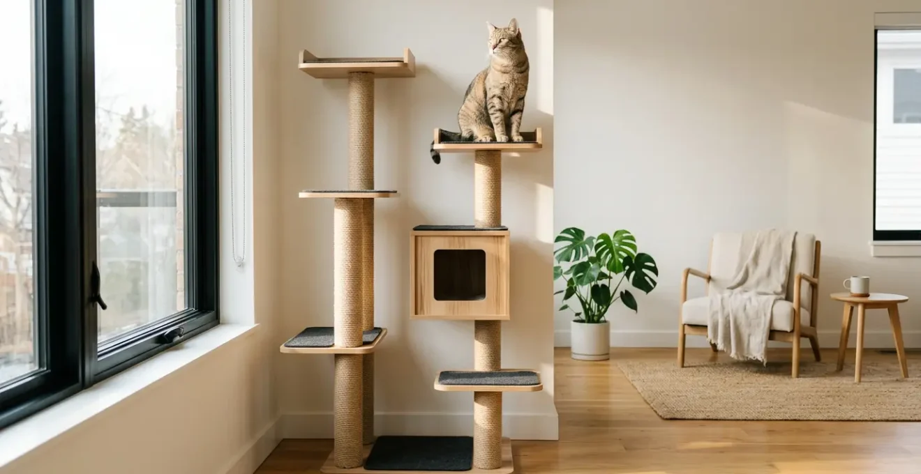 Chat perché en hauteur sur un arbre à chat majestueux observant sereinement son territoire depuis une plateforme surélevée