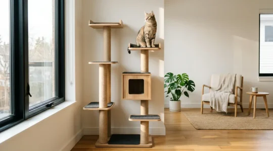 Chat perché en hauteur sur un arbre à chat majestueux observant sereinement son territoire depuis une plateforme surélevée