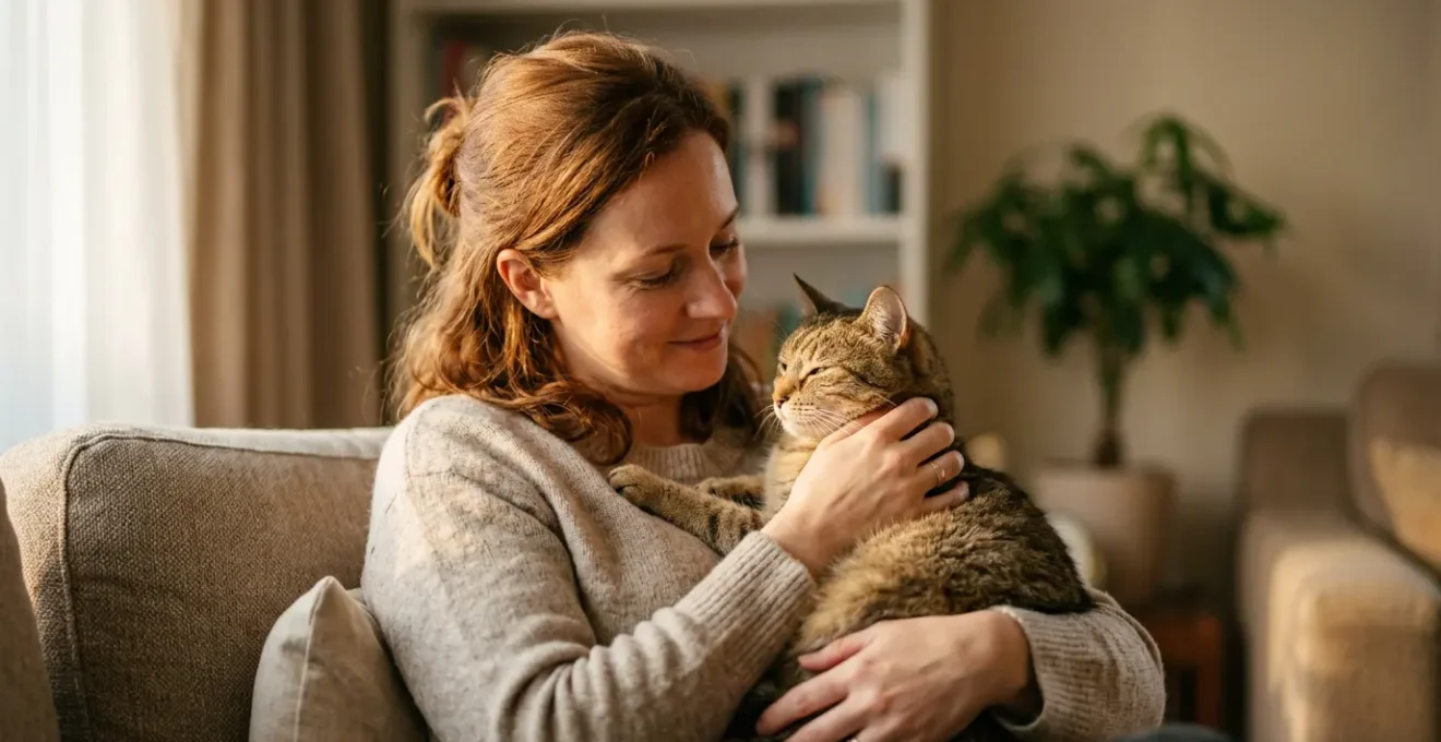 Propriétaire tenant tendrement son chat malade dans une ambiance chaleureuse et rassurante