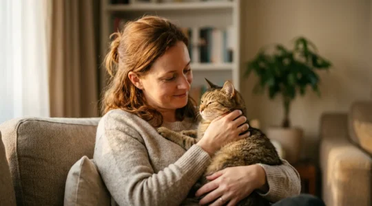 Propriétaire tenant tendrement son chat malade dans une ambiance chaleureuse et rassurante