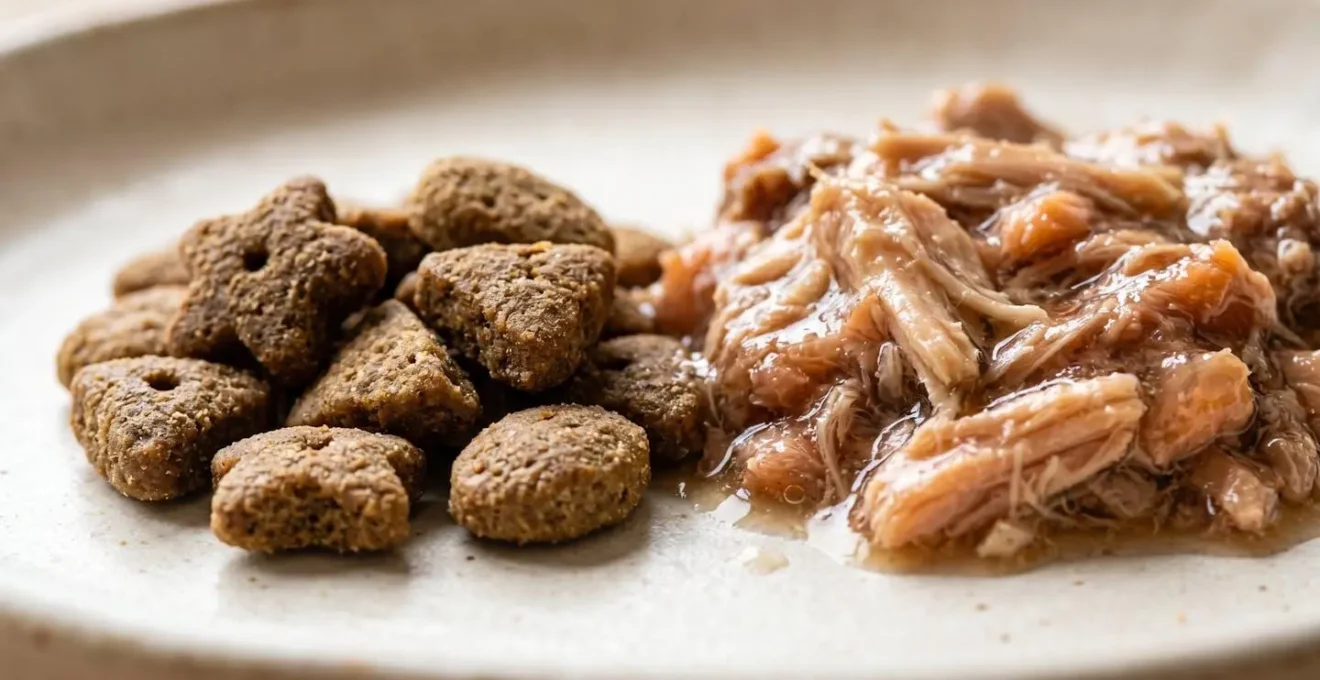 Combinaison équilibrée de croquettes et d'alimentation humide pour chat, favorisant l'hydratation et la santé urinaire