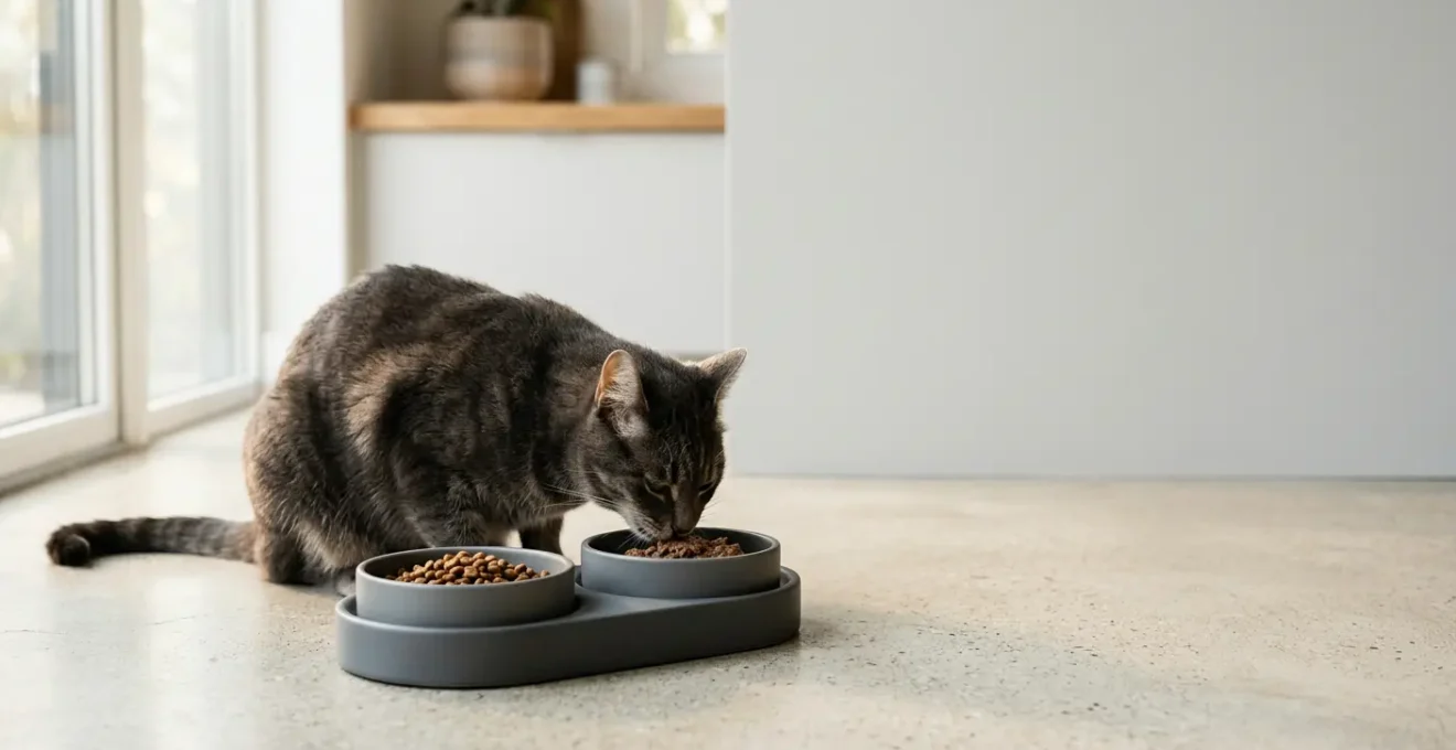 Chat mangeant dans une gamelle double avec croquettes et pâtée, concept de bi-nutrition pour la santé rénale