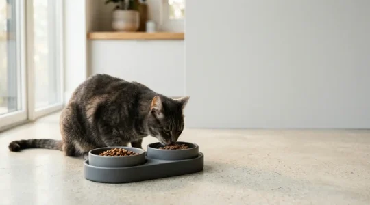 Chat mangeant dans une gamelle double avec croquettes et pâtée, concept de bi-nutrition pour la santé rénale