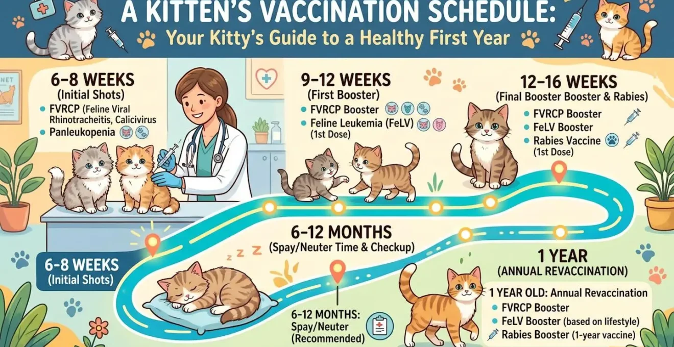 Représentation visuelle du calendrier de vaccination d'un chaton durant sa première année de vie