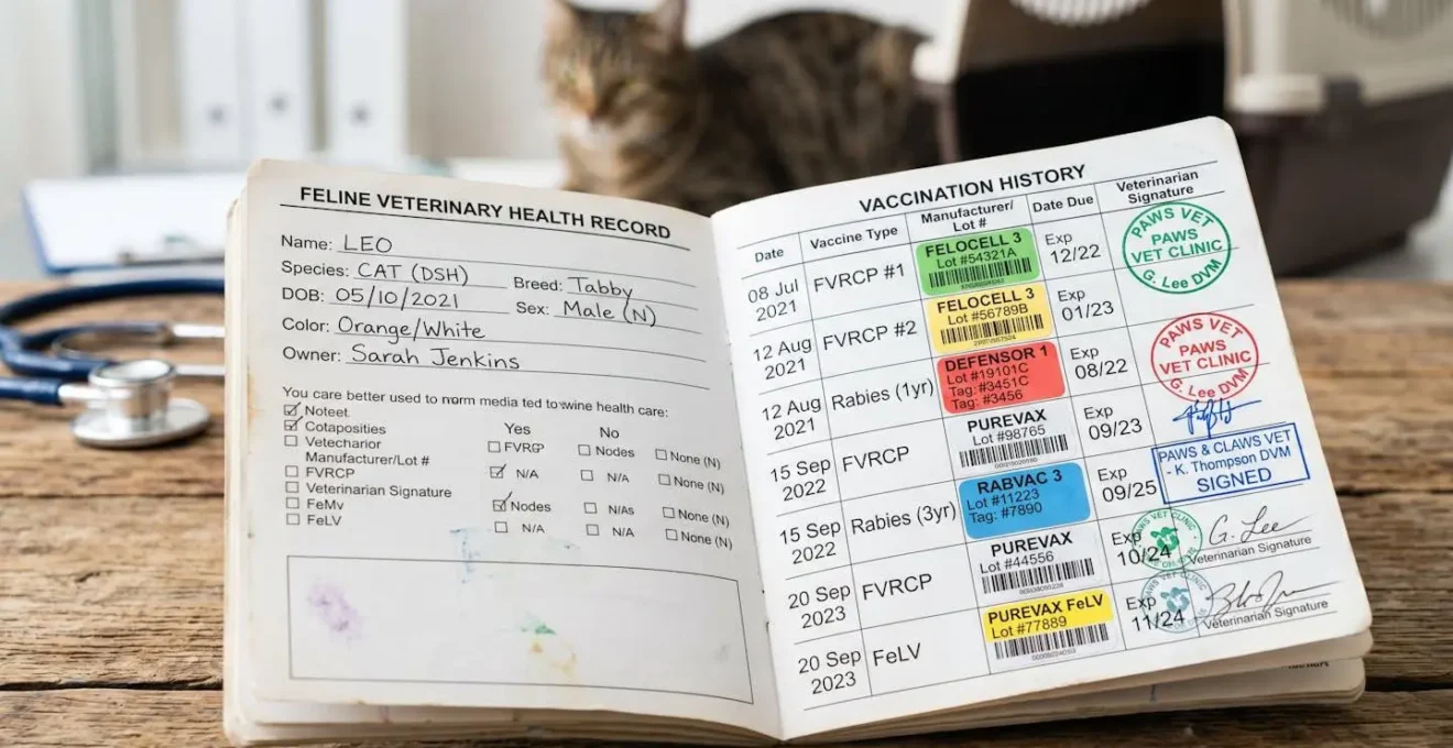 Carnet de santé vétérinaire d'un chat avec tampons et vignettes de suivi vaccinal