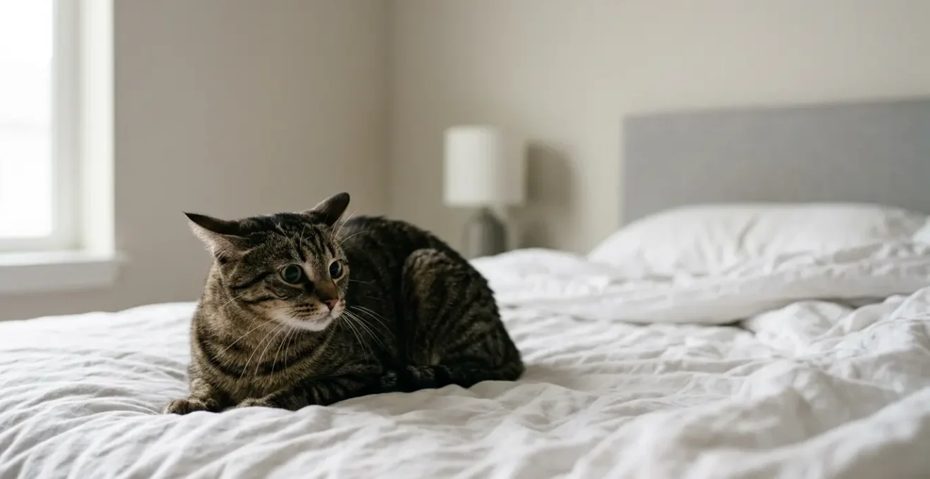 Chat anxieux sur un lit montrant des signes de stress comportemental