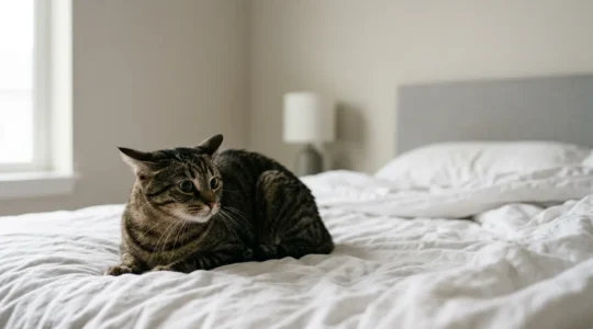Chat anxieux sur un lit montrant des signes de stress comportemental