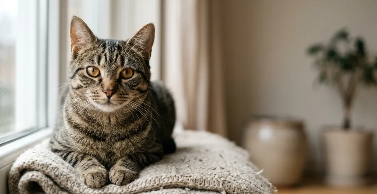 Chat au regard expressif et serein illustrant le bien-être félin retrouvé naturellement