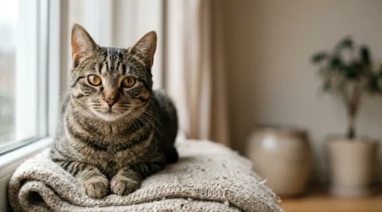 Chat au regard expressif et serein illustrant le bien-être félin retrouvé naturellement