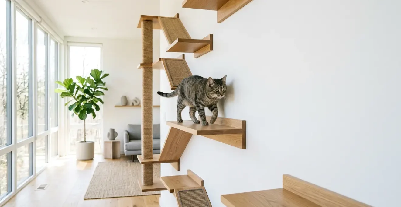 Chat tigré explorant son environnement vertical enrichi dans un appartement moderne