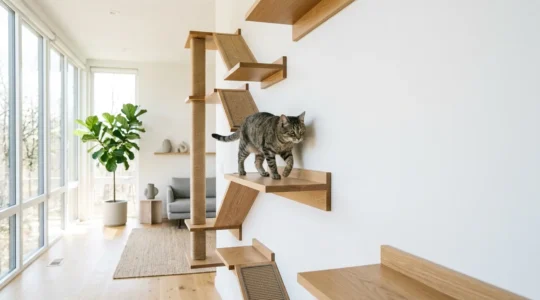 Chat tigré explorant son environnement vertical enrichi dans un appartement moderne