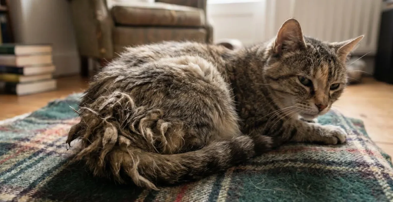 Chat âgé avec pelage emmêlé sur le bas du dos, signe de douleur articulaire