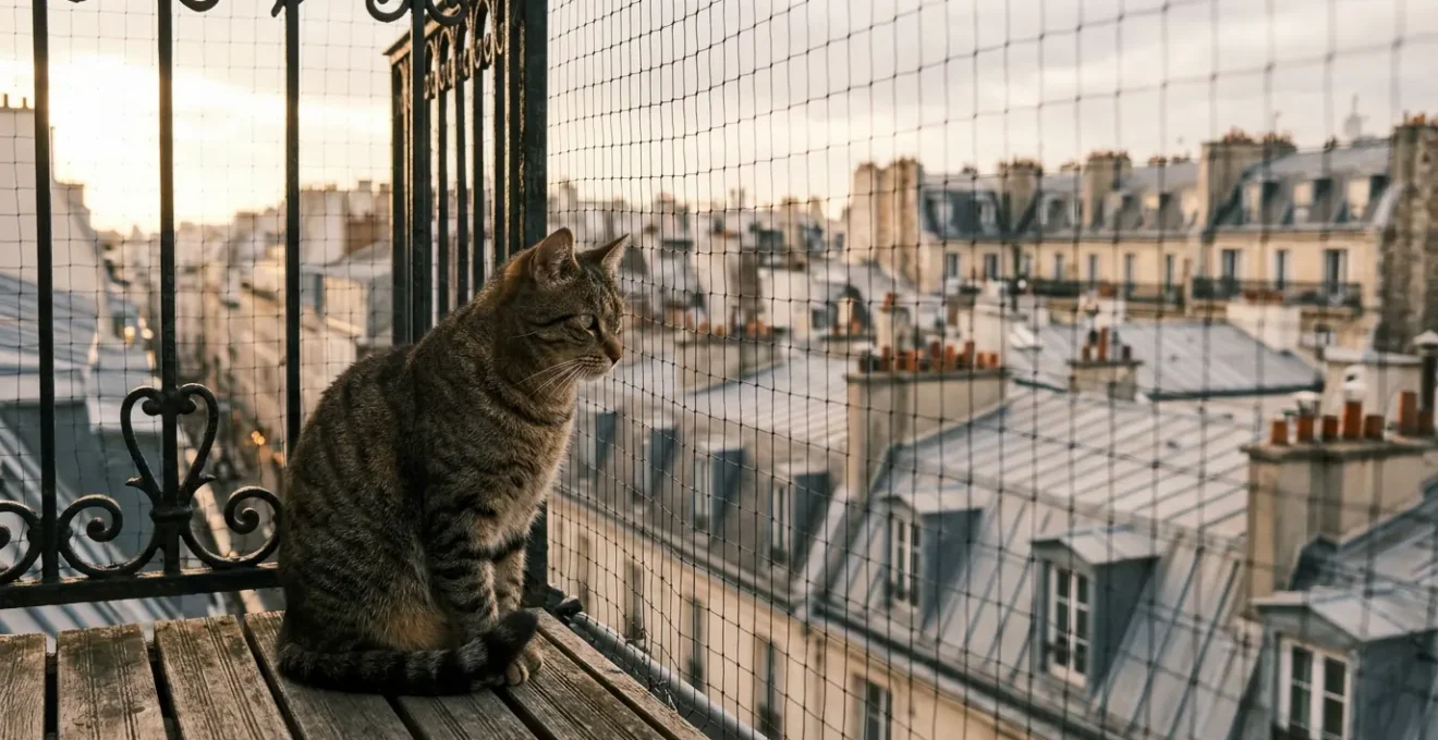 Chat domestique observant Paris depuis un balcon sécurisé avec filet de protection