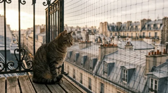 Chat domestique observant Paris depuis un balcon sécurisé avec filet de protection
