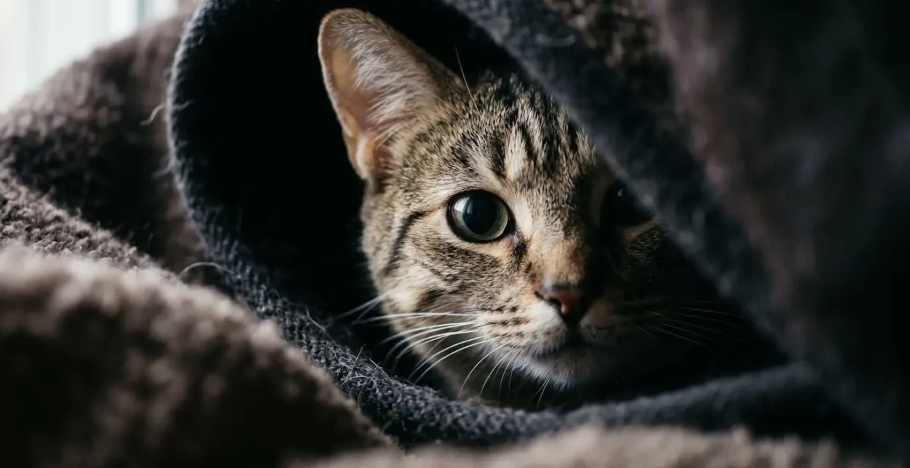 Chat observant calmement depuis son refuge sécurisé sous un meuble