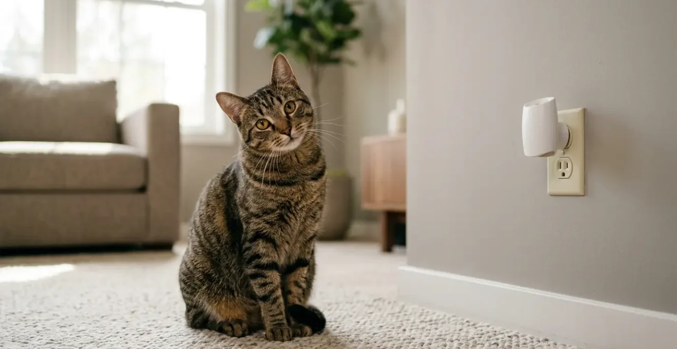 Chat perplexe observant un diffuseur de phéromones dans un intérieur moderne