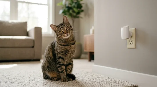 Chat perplexe observant un diffuseur de phéromones dans un intérieur moderne