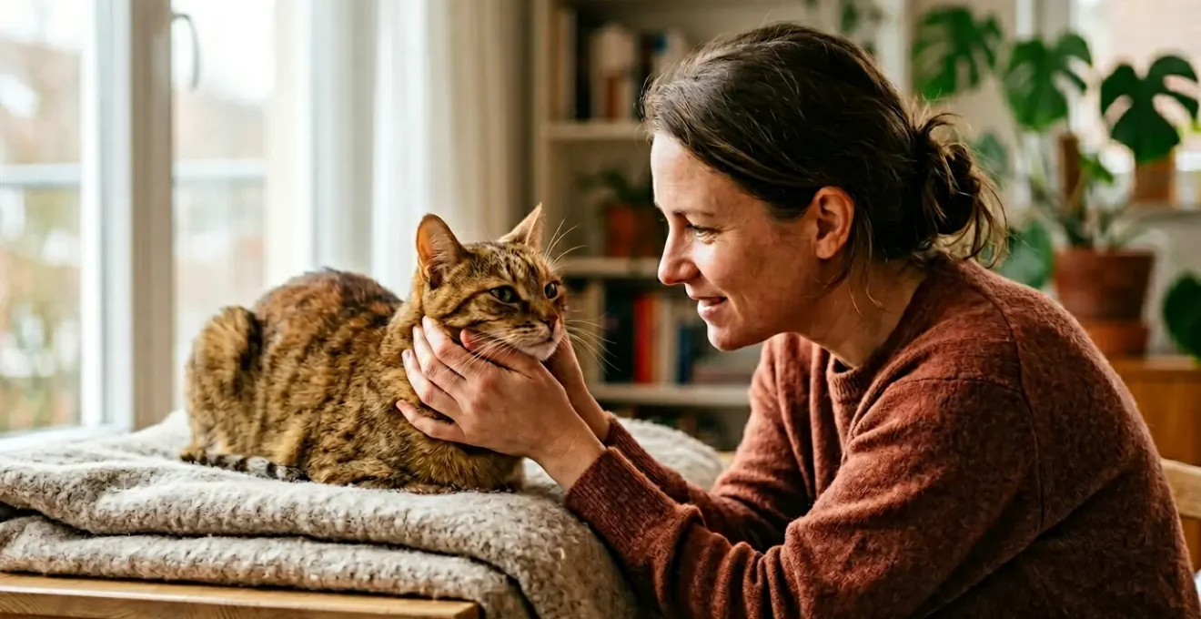 Propriétaire observant attentivement son chat pour détecter des signes subtils de douleur