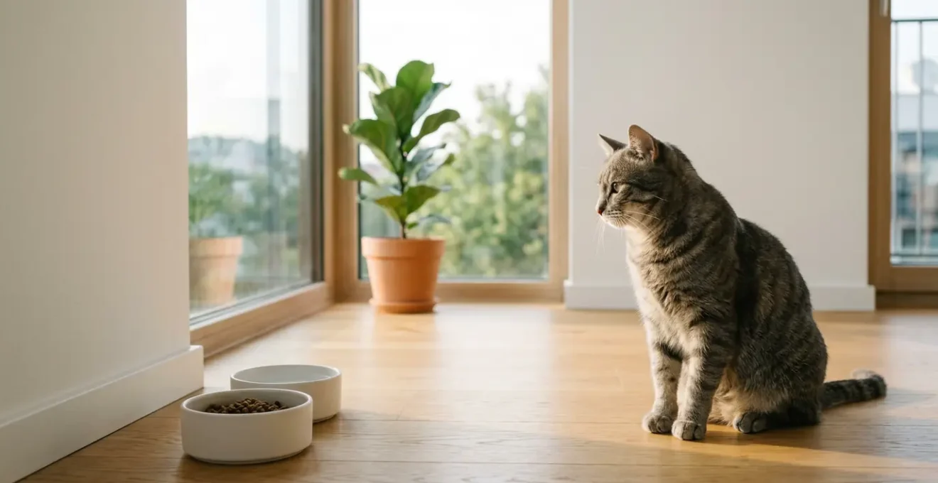 Chat européen dans un intérieur moderne avec sa gamelle équilibrée pour éviter l'obésité