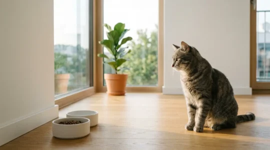 Chat européen dans un intérieur moderne avec sa gamelle équilibrée pour éviter l'obésité