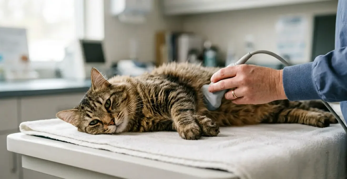 Chat lors d'un examen cardiaque vétérinaire avec échographie Doppler pour le dépistage de la cardiomyopathie hypertrophique