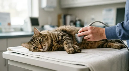 Chat lors d'un examen cardiaque vétérinaire avec échographie Doppler pour le dépistage de la cardiomyopathie hypertrophique