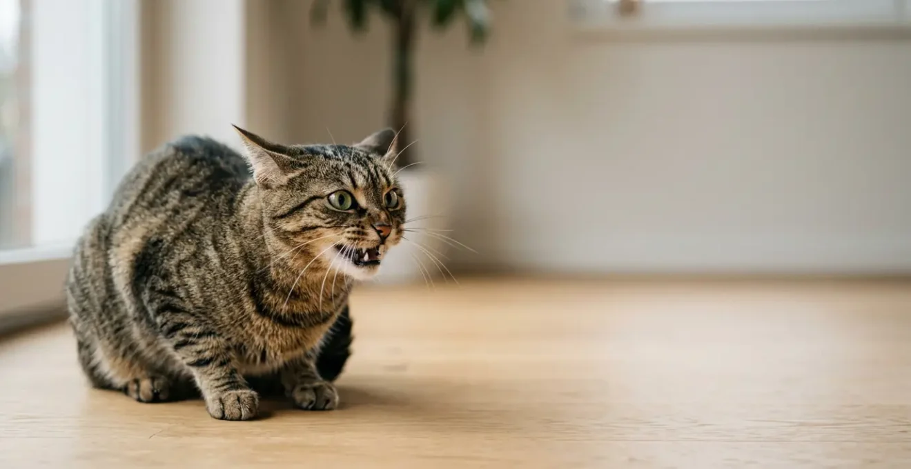 Chat domestique en posture défensive avec oreilles plaquées et regard intense exprimant un avertissement