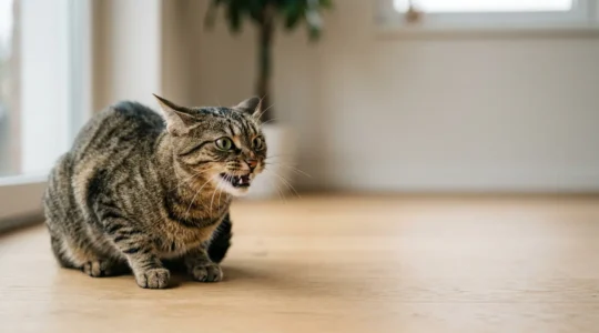 Chat domestique en posture défensive avec oreilles plaquées et regard intense exprimant un avertissement