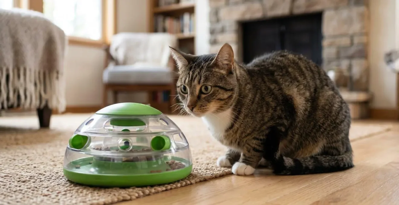 Chat européen assis en position d'observation prudente face à un puzzle alimentaire, exprimant hésitation et curiosité