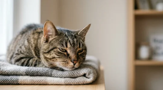 Chat domestique aux oreilles attentives et regard expressif illustrant la communication féline naturelle