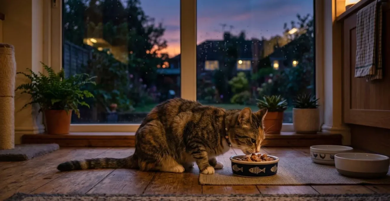 Chat domestique mangeant sa ration de pâtée en soirée dans une ambiance crépusculaire, illustrant le rythme naturel félin