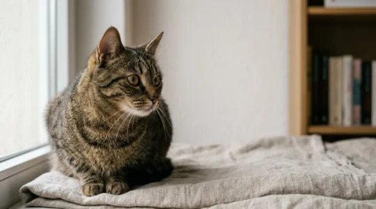 Chat dans une posture d'observation attentive révélant son comportement instinctif