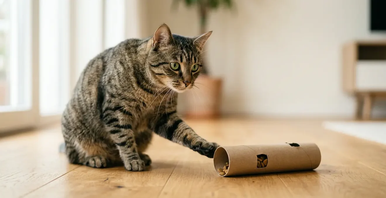 Chat européen observant un puzzle alimentaire artisanal avec curiosité