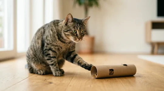 Chat européen observant un puzzle alimentaire artisanal avec curiosité