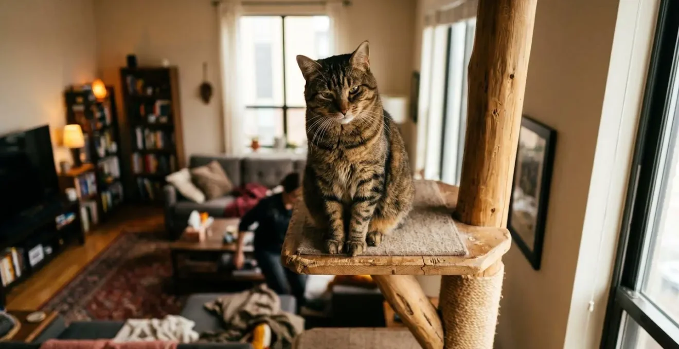 Chat perché sur un point d'observation élevé surplombant son territoire domestique