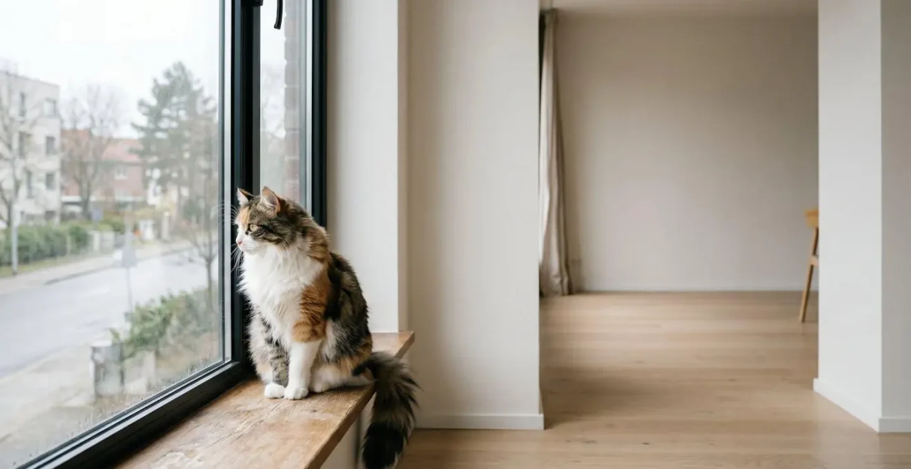 Chat solitaire dans un appartement calme observant par la fenêtre, illustrant l'impact du télétravail sur son rythme naturel