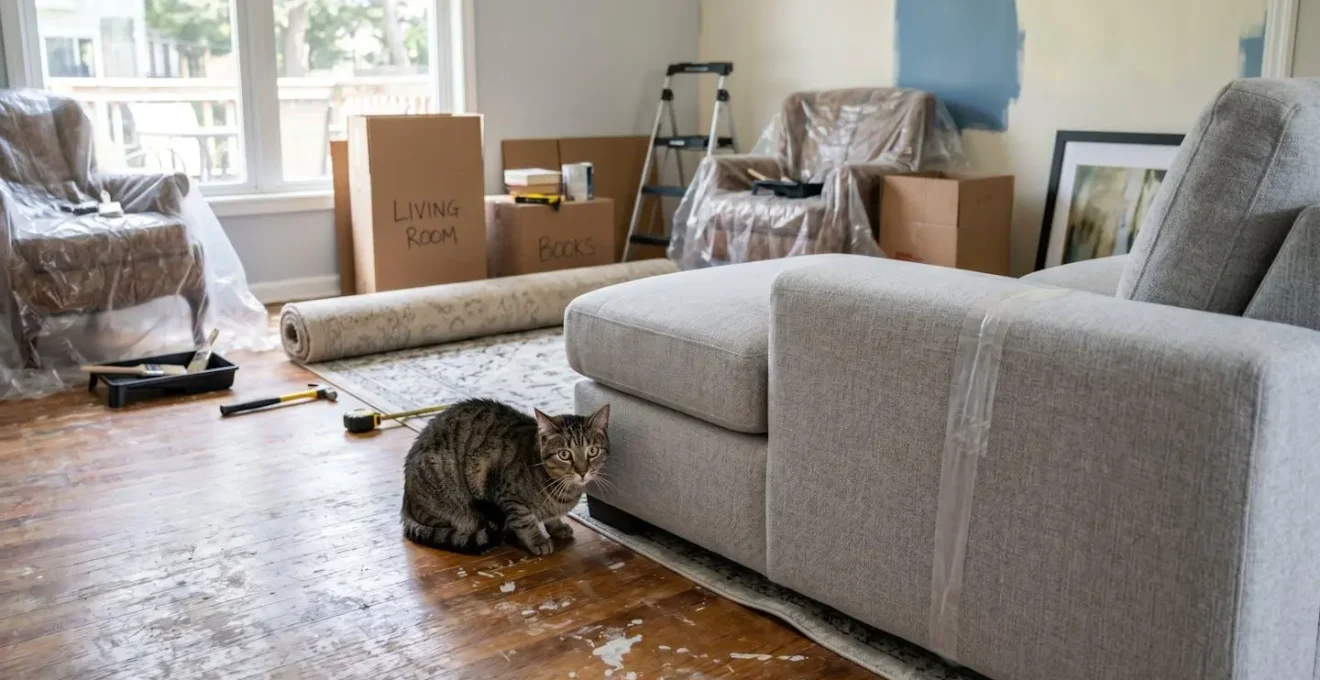 Chat anxieux près d'un nouveau canapé dans un salon en transition