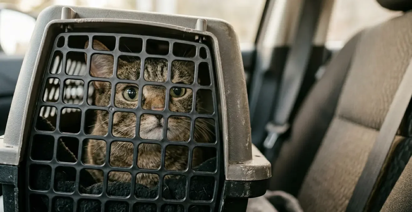 Chat anxieux dans une caisse de transport sécurisée pour un voyage en voiture serein