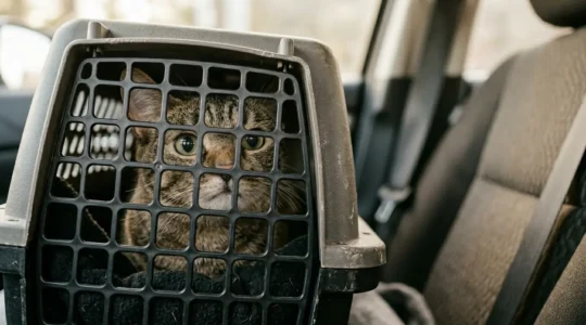 Chat anxieux dans une caisse de transport sécurisée pour un voyage en voiture serein