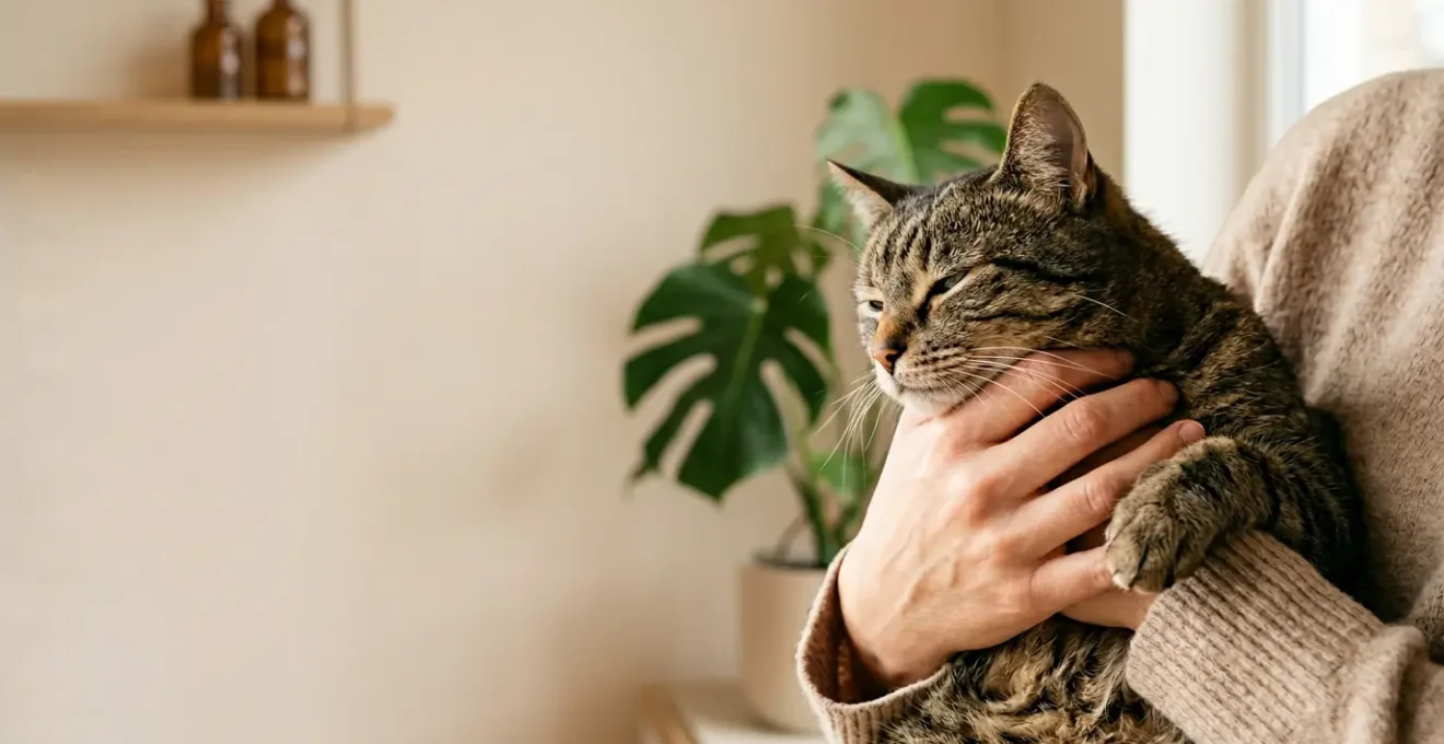 Chat recevant des soins préventifs de santé avec son propriétaire dans un environnement apaisant