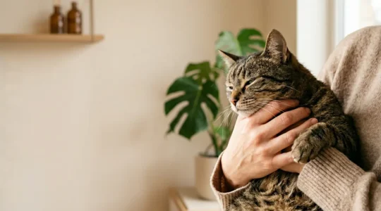 Chat recevant des soins préventifs de santé avec son propriétaire dans un environnement apaisant