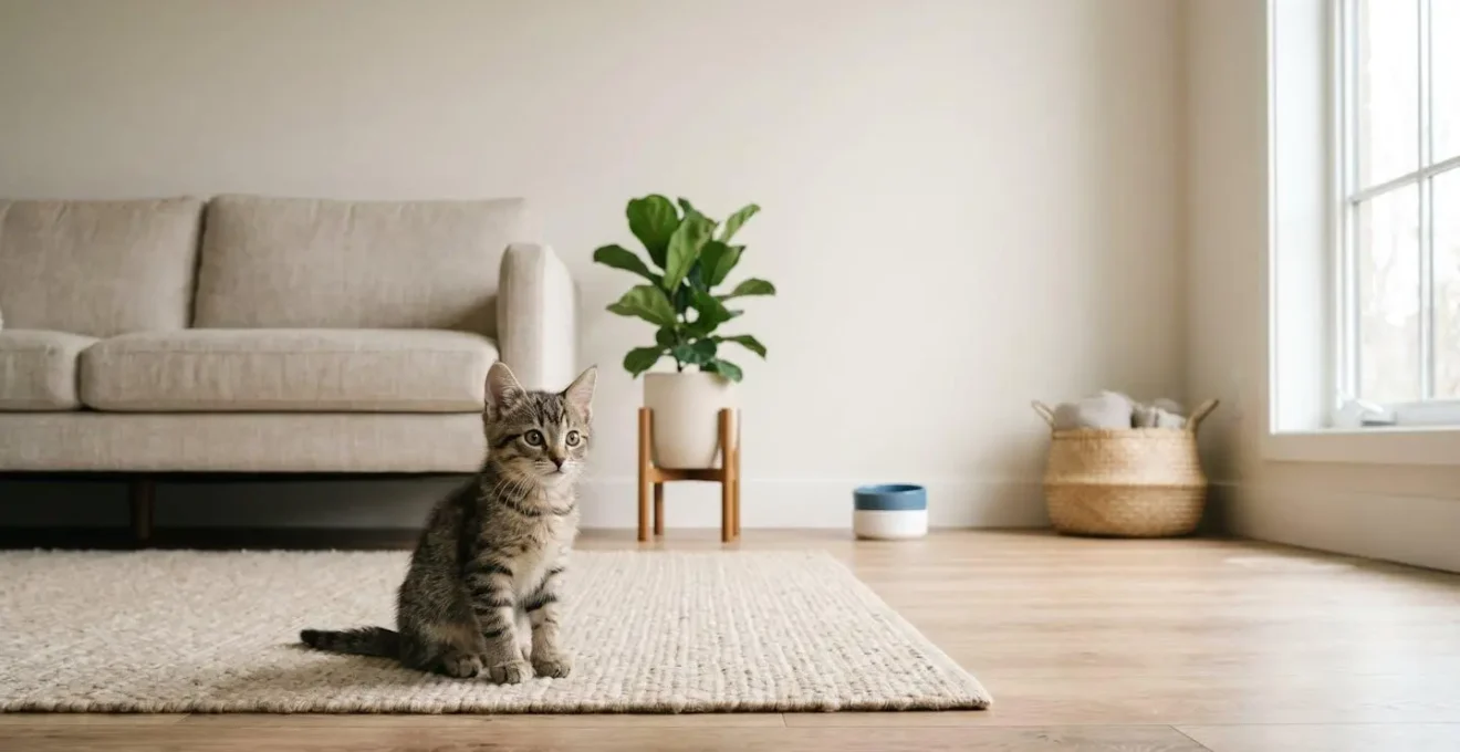 Jeune chaton explorant sereinement un espace domestique pendant une séance de désensibilisation sonore