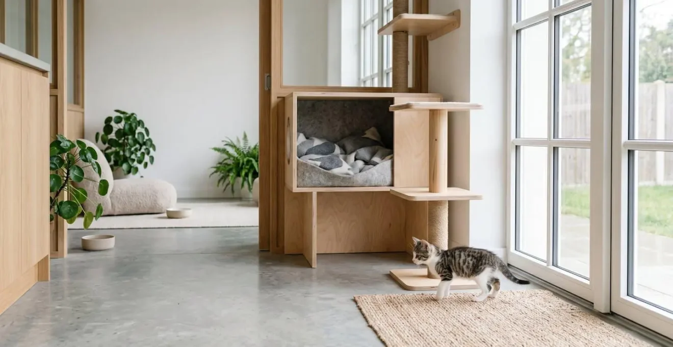 Scène d'un chaton dans un environnement d'élevage propre et bienveillant, symbolisant la socialisation maternelle.