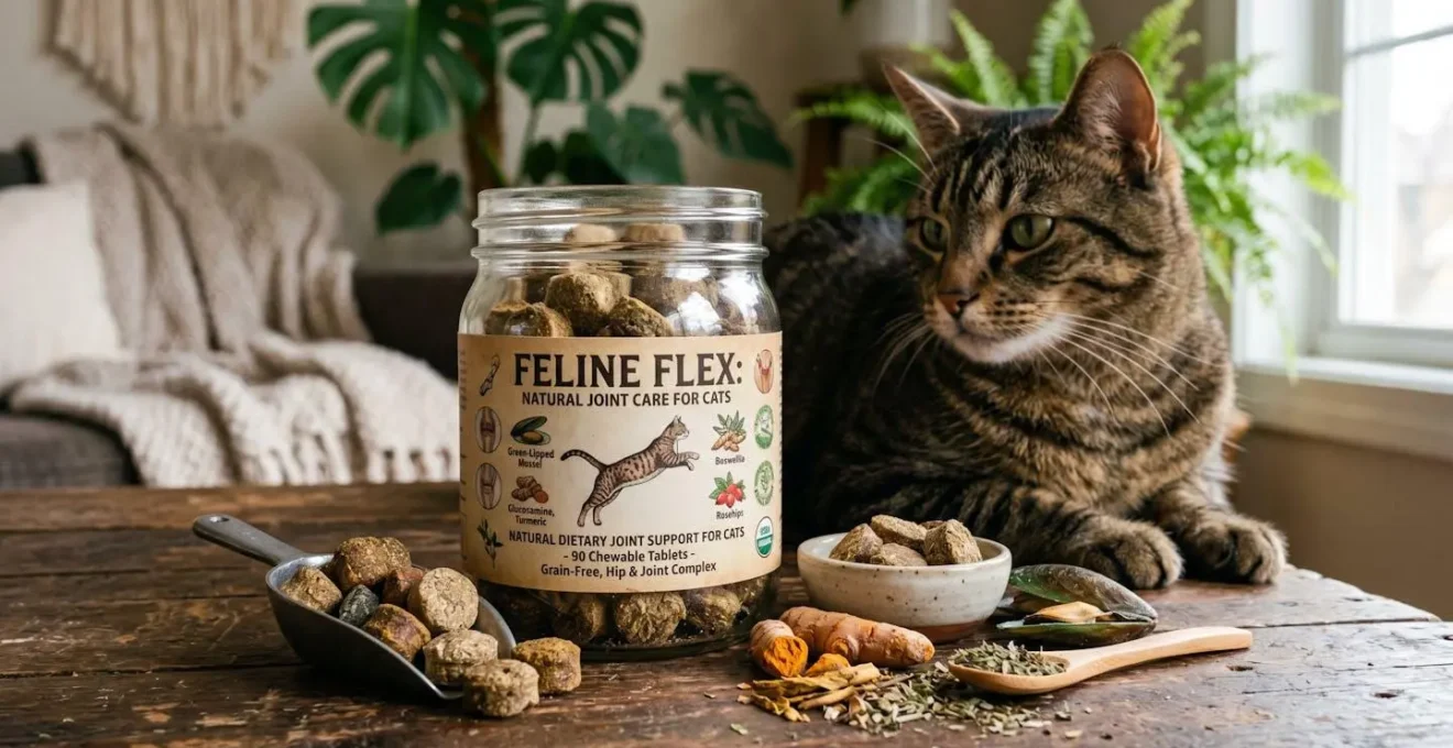 Compléments alimentaires naturels pour articulations de chat avec texture détaillée évoquant la santé articulaire