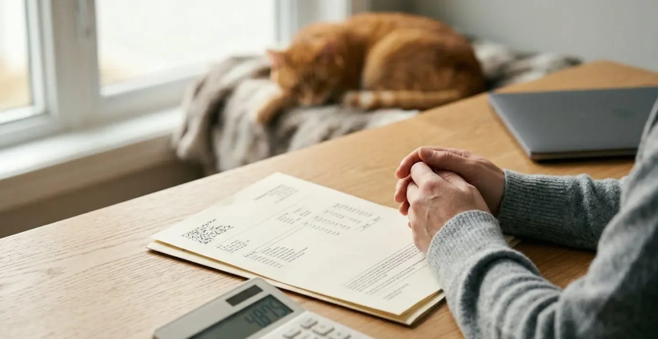 Propriétaire de chat examinant une facture vétérinaire avec calculatrice et documents d'assurance